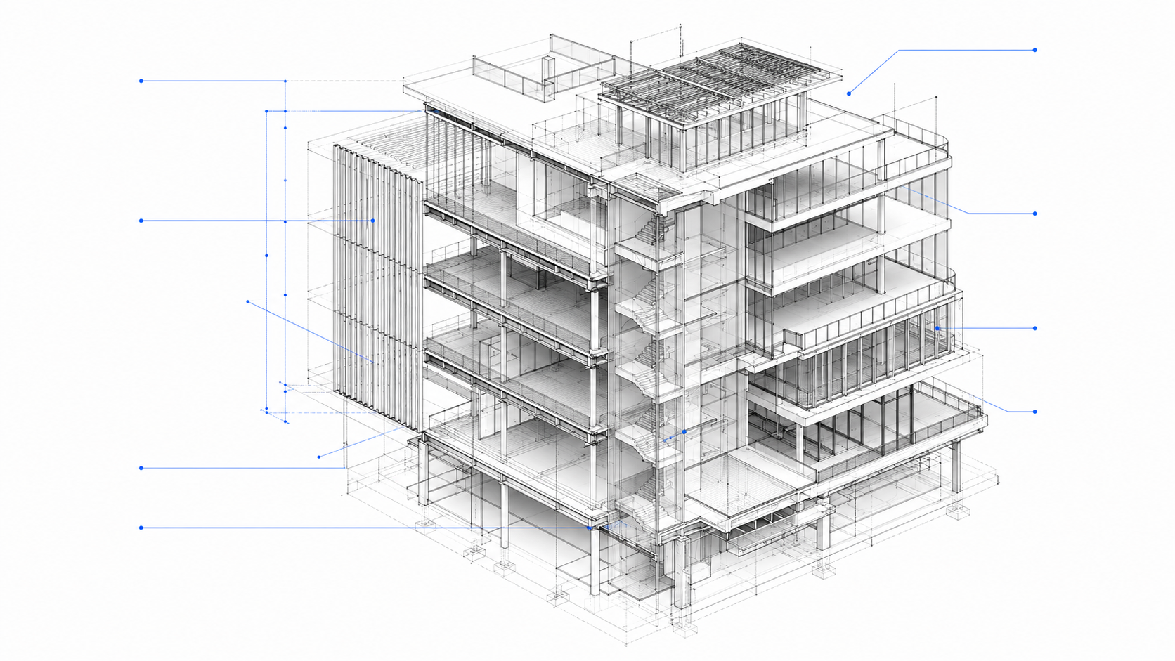 Coordinated architectural documentation shown as a technical axonometric building model