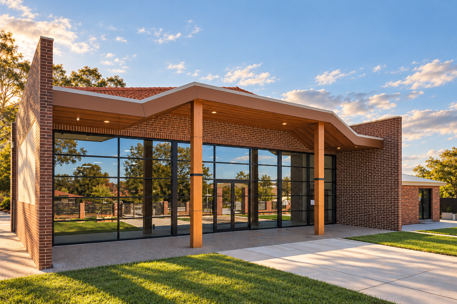 Shantiniketan Community Centre in Florey, ACT, with its folded roof, brick walls, timber-lined canopy and glazed entrance.