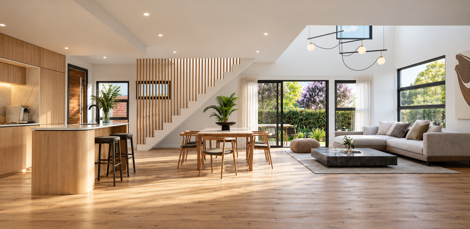 Open-plan kitchen, dining and living room at 21st Mid-century Residence, with pale timber floors, a slatted staircase and garden-facing glazing