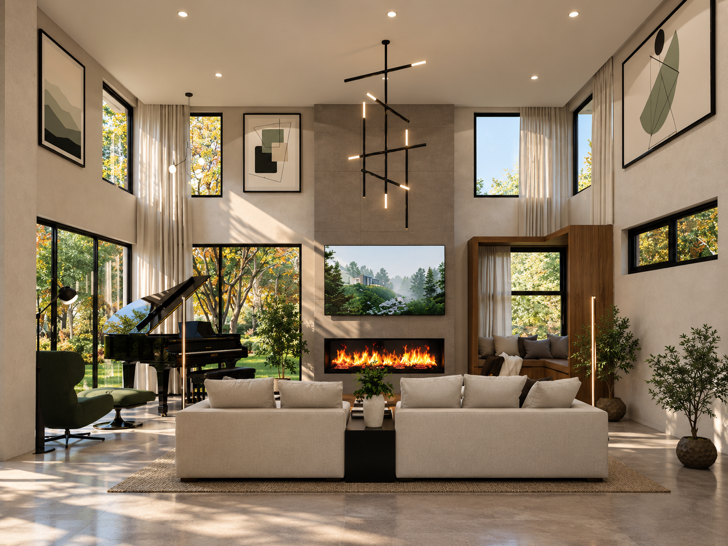 Double-height living and dining room at Shangrila, with a grand piano, linear fireplace, sofas and garden-facing windows