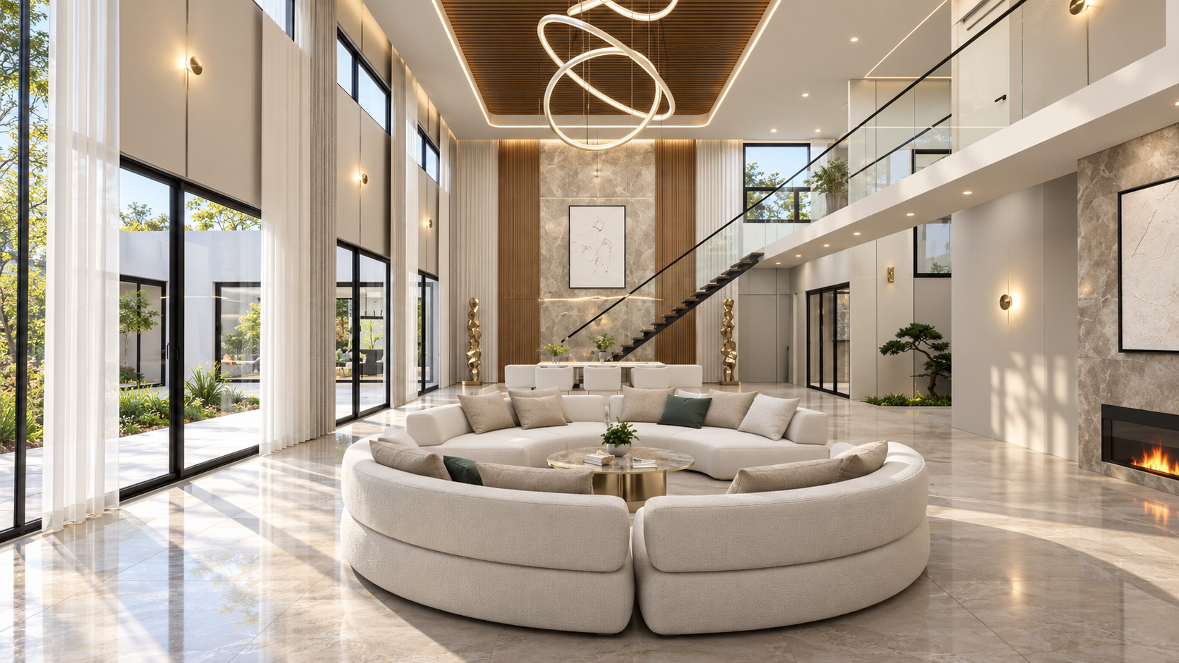 Double-height living room at Sutton Acreage House, with a curved cream sofa, full-height glazing and sculptural pendant lights