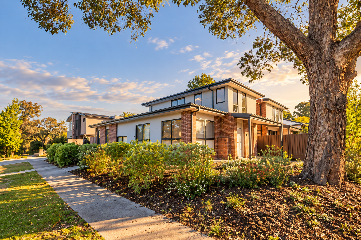 Duffy Dual Occupancy homes set behind a mature street tree, with brick walls, pitched roof forms and established garden beds