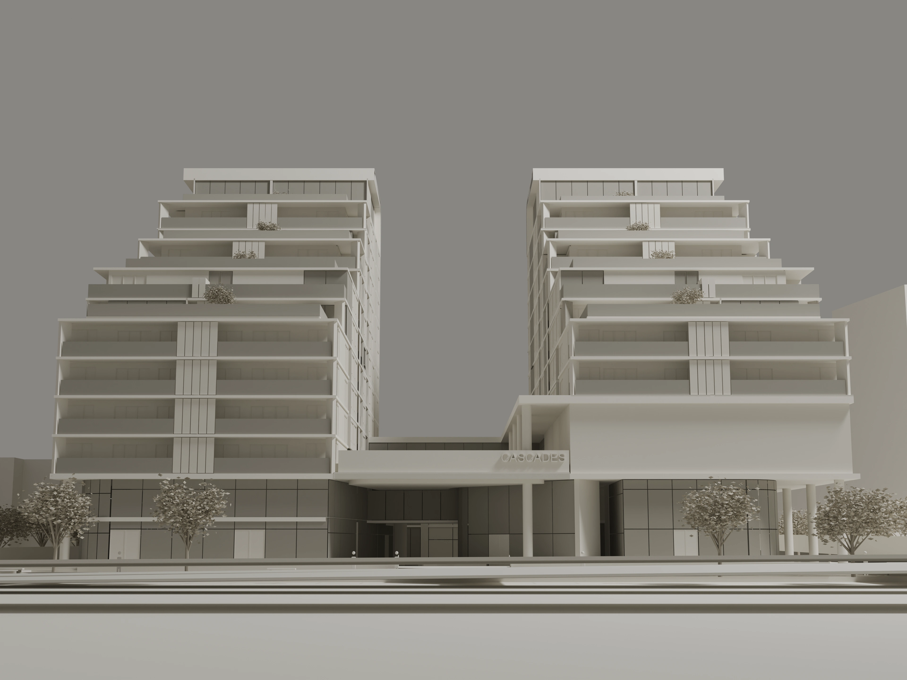 Project 2136 paper model study: pedestrian-height front street view of the stepped towers, entry and paper trees