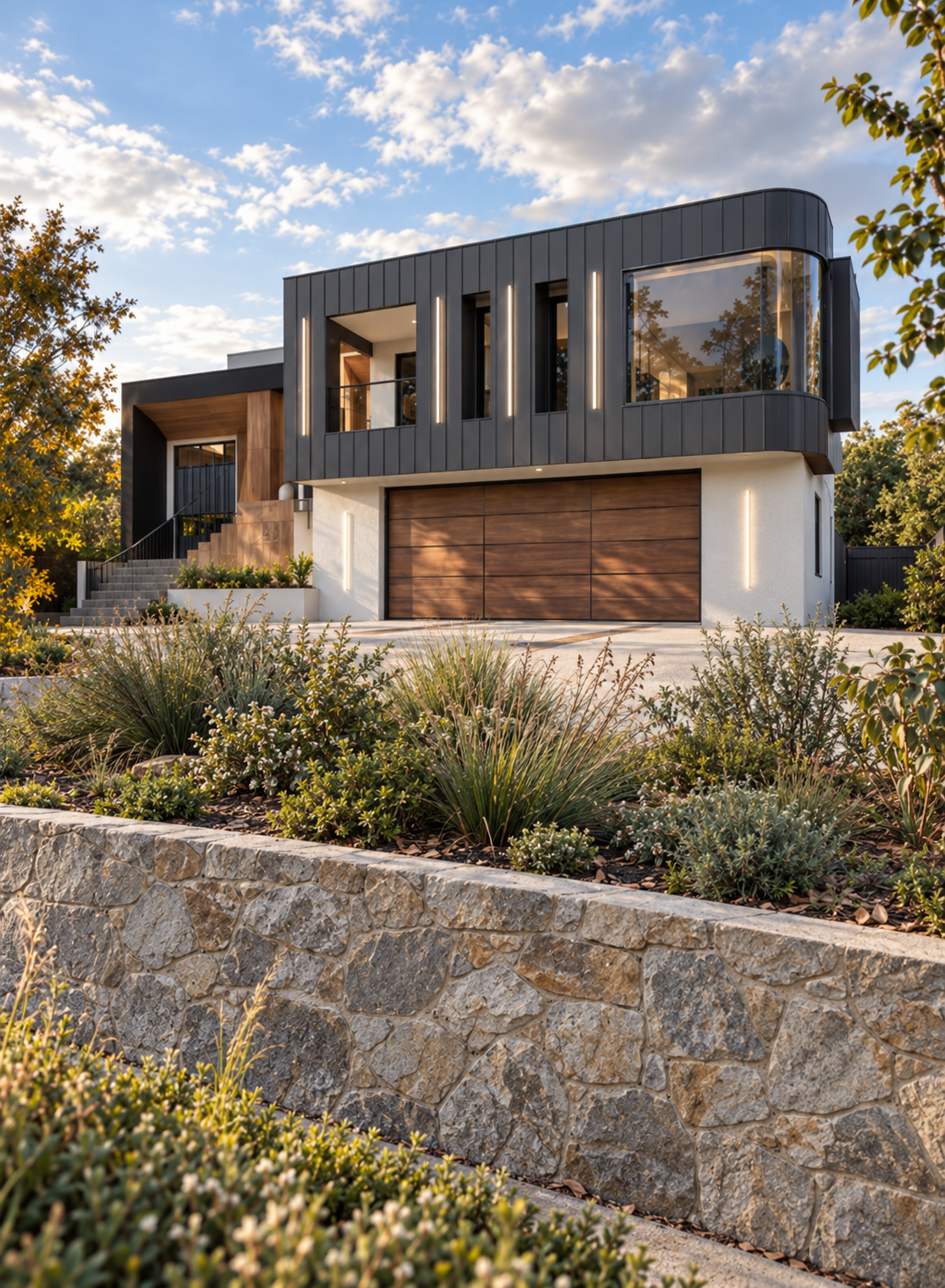 Photorealistic visualization of Curve Glass House in Garran, ACT, with curved glazing, timber garage door, varied native planting and a natural stone retaining wall.