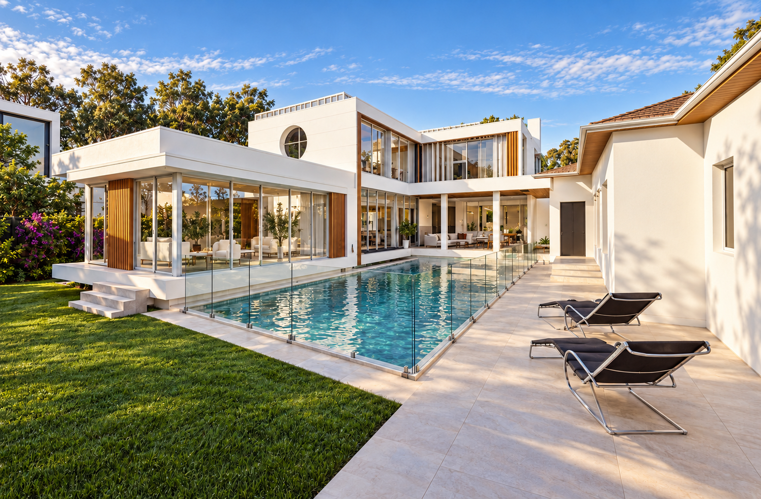 Photorealistic visualization of a Deakin, ACT pool-house extension, with white modernist volumes, glazed walls, timber screens and a circular upper-level window.