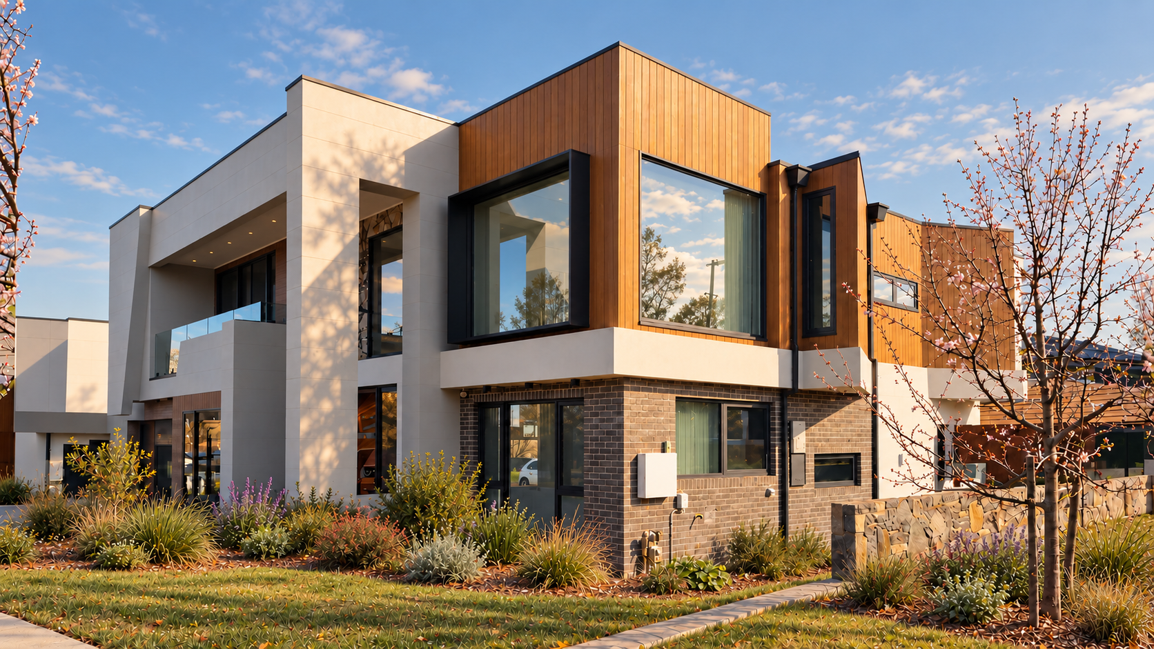 Late-afternoon view of Hilltop House Garden View in Throsby, ACT, with a timber-clad upper level, dark-brick base and flowering native garden.